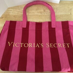 Victoria's Secret Canvas Beach Bag Tote Weekender Pink Red Stripes 24" x 14"